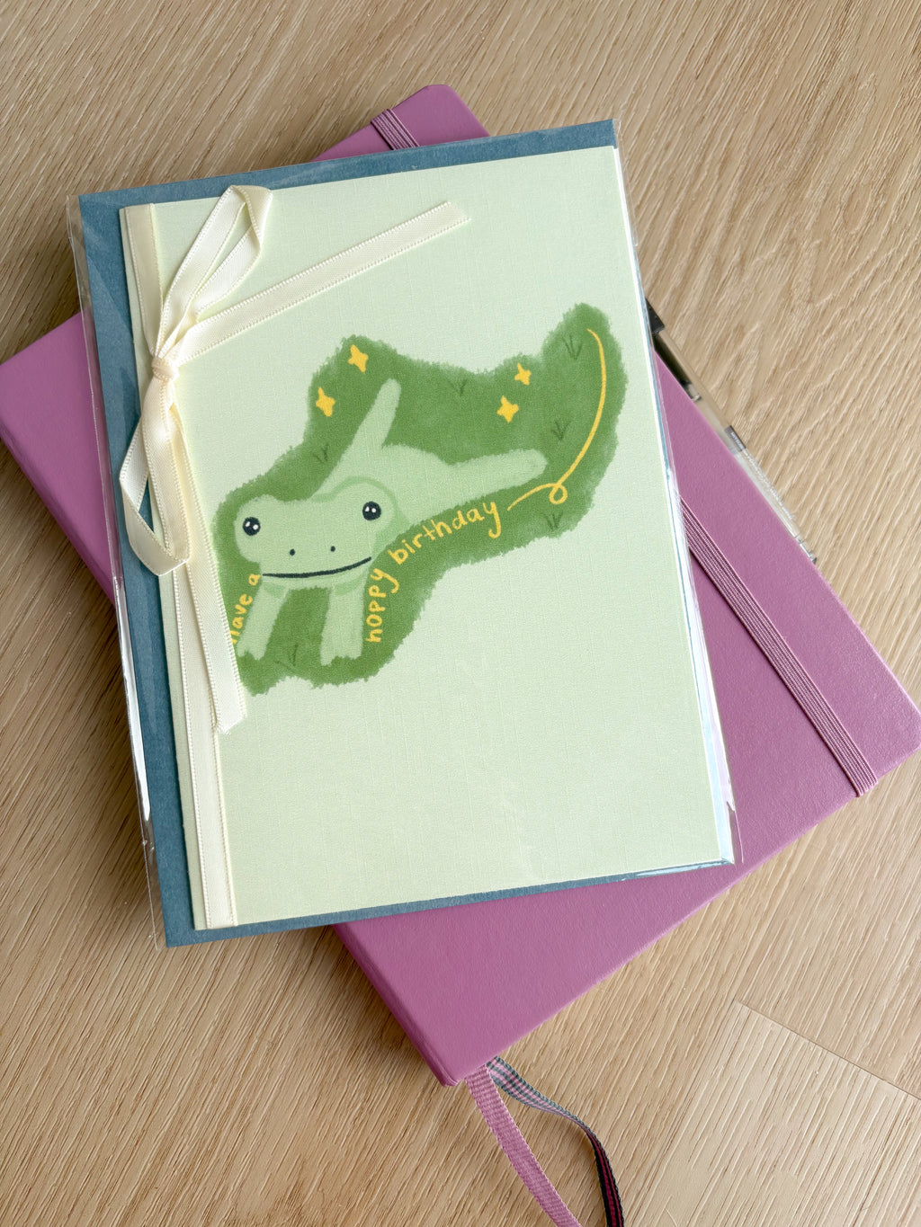 "Have a Hoppy Birthday" Ivory Linen Textured Card With Ribbon