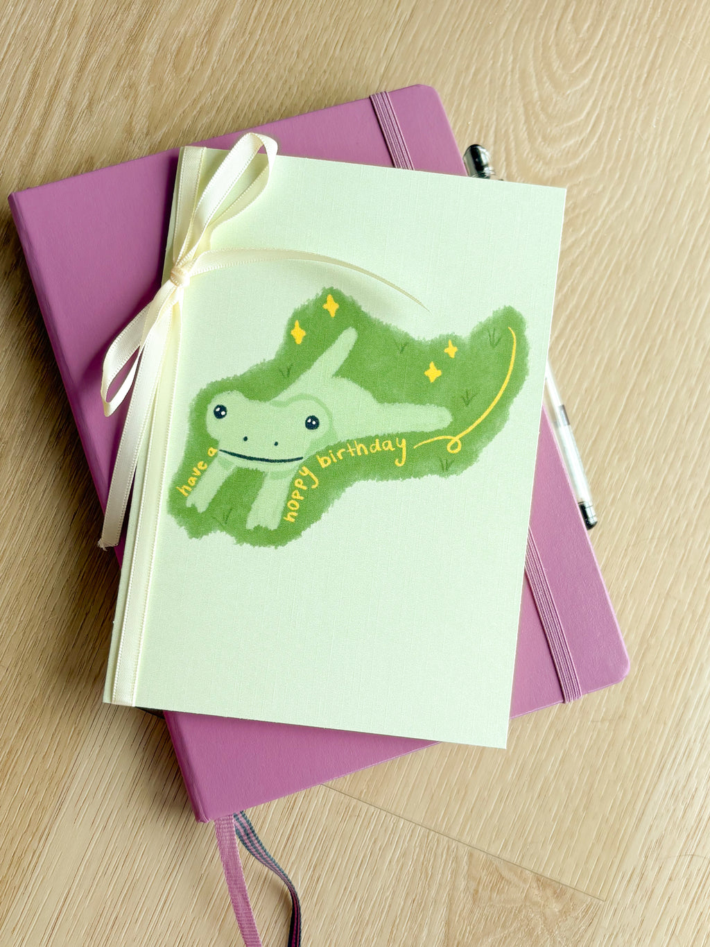 "Have a Hoppy Birthday" Ivory Linen Textured Card With Ribbon