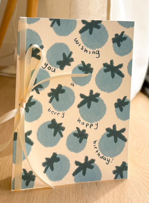 Blueberry "Berry Happy Birthday" Ivory Linen Textured Card With Ribbon